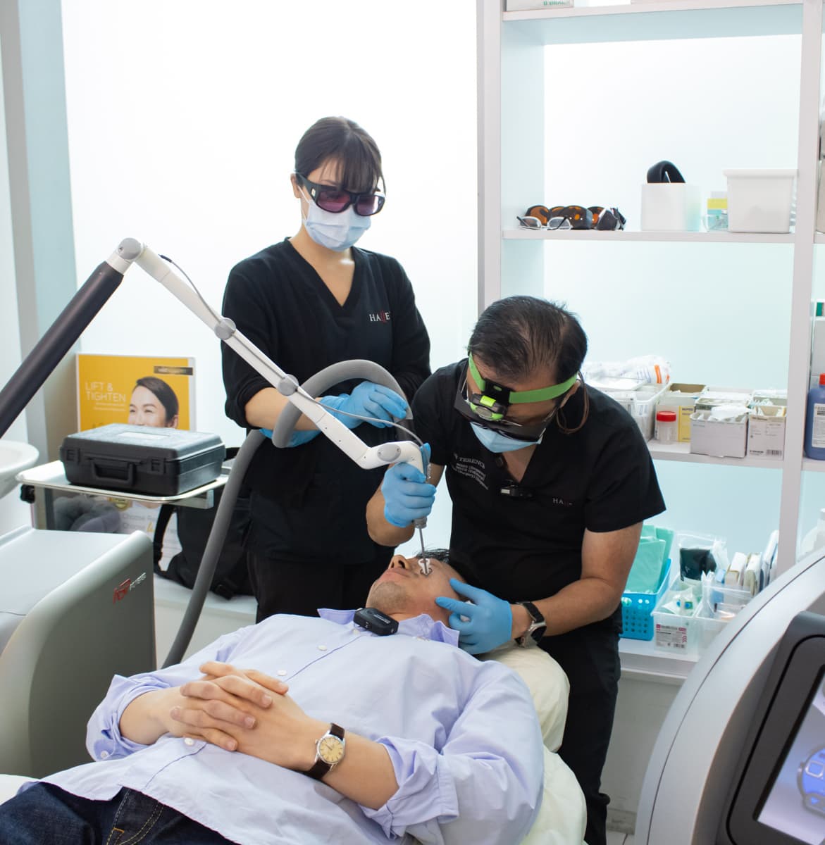 Health professional performing medical procedure in clinic.